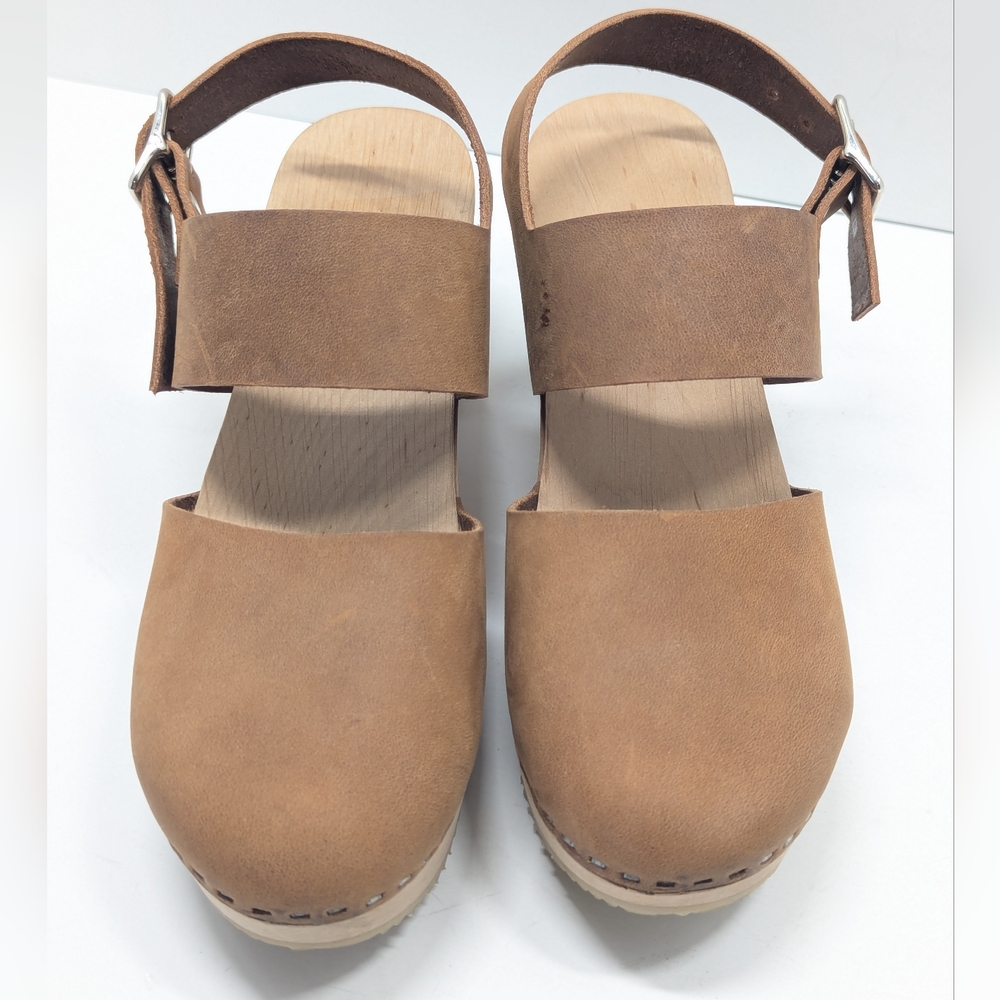 Zuzii Chestnut Brown Leather Mary Jane Slingback Wood Clogs Made in LA 36 US 6